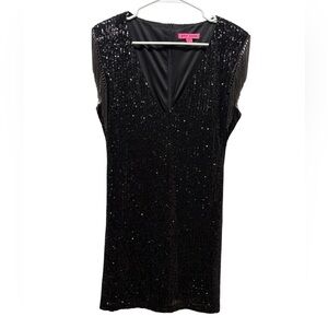 Betsey Johnson Black Sequin Dress with Fringe Sleeve